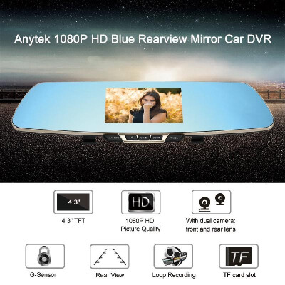 

Anytek T6 1080P HD Blue Rearview Mirror Car Video Recorder DVR Dash Camcorder Double Lens Dual Camera