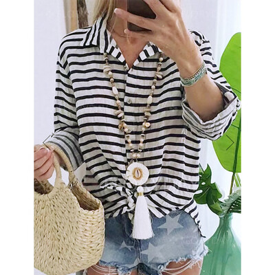 

Starmoon Women Summer Long Sleeve V-neck Striped Casual Loose Plus Size Shirts