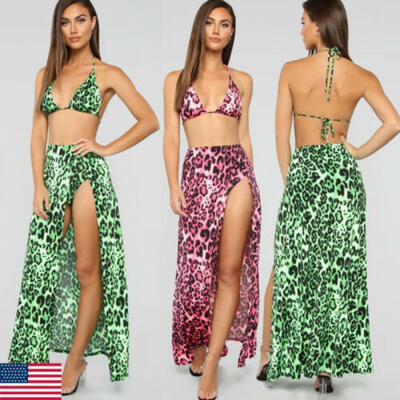 

2Pcs Bandage Monokini Padded Bikini CoverUp Dress Set Swimsuit Leopard Beachwear