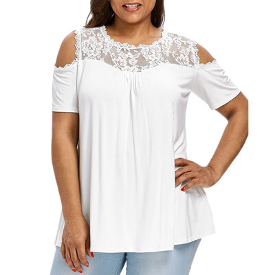 

Roseonmyhand Fashion Womens Plus Size Cold Shoulder Strapless Lace Short Sleeve T-shirt Tops