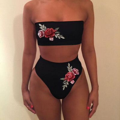 

Roseonmyhand Women Fashion Sexy Swimwear Embroidered Rose High Waist Bikini Set Bathing Suit