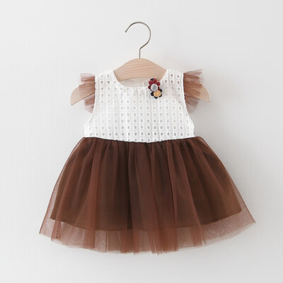 

Summer Girls Dress Cute Solid Color Mesh Stitching Kids Dress For Girls Flying Sleeved Sweet Princess Dress