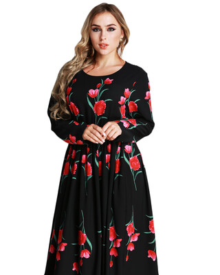 

New Fashion Plus Size Maxi Dress Rose Print O Neck Long Sleeve Elastic Waist Long Dress Black