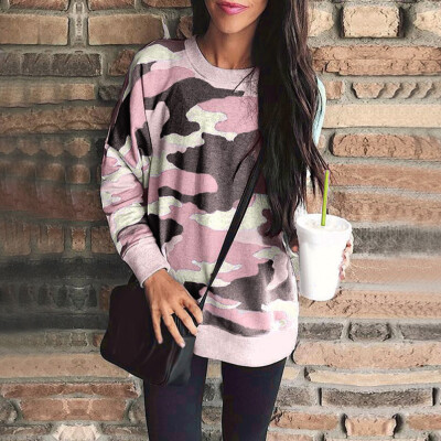 

Womens Fashion Camouflage Printed Tops Round Neck Long Sleeve Loose Sweatshirt