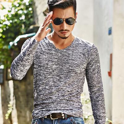 

Mens Loose Fit Solid Color Tops V-neck Long Sleeve Muscle Bottoming Casual Shirt