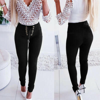 

Womens High Waist Solid Long Pants Bandage Button Trousers Slim Women OL Pants