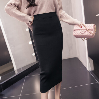 

High Waist Knitted Pencil Women Skirts Autumn Winter Fashion Solid Casual Mid-Long Skirt