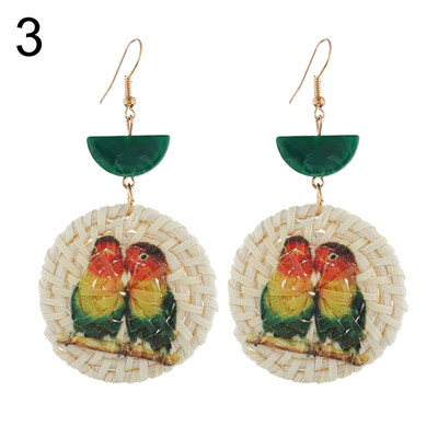 

Dolphin Seahorse Parrot Pattern Round Rattan Charm Lady Statement Hook Earrings