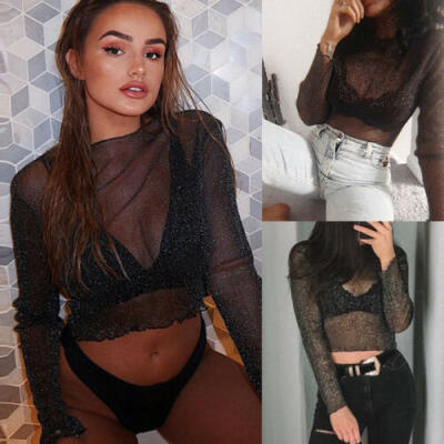 

Women Casual See Through Mesh Sheer Long Sleeve Top Club T-Shirt Blouse Tee Tops