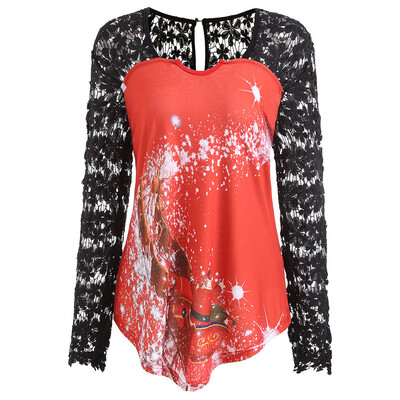 

Crochet Lace Insert Christmas Print Asymmetric Top