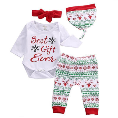 

Christmas Infant Baby Girl Boy Tops Romper BodysuitPants Hat 4Pcs Outfit Clothes