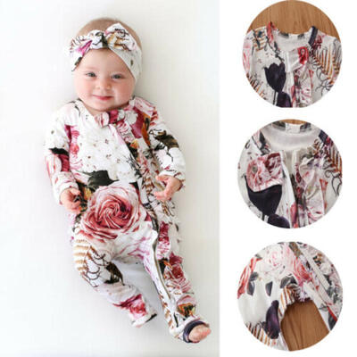 

Newborn Baby Girl Cotton Clothes Floral RomperHeadwear Bodysuit Jumpsuit Outfit