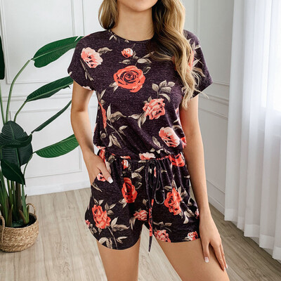 

Starmoon Women Summer Floral Printing Lace Up Short Sleeve Rompers Jumpsuit Playsuit