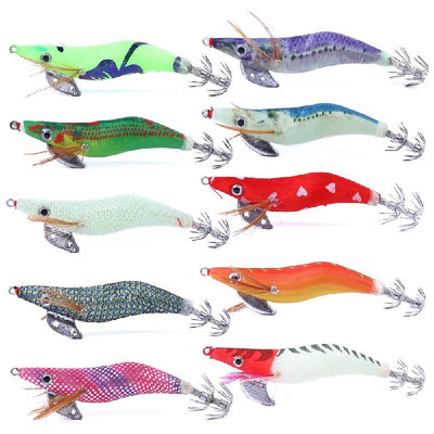 

10Pcs Fishing Lure Set Squid Jigs Glow At Night Artificial Fishing Lures Squid Jig Hooks Wood Shrimp Fishing Bait