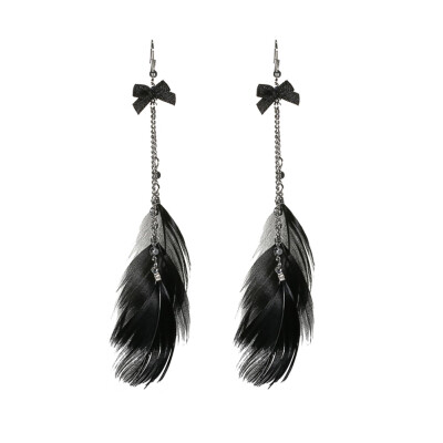 

Fashion Earrings For Women With Bow Knot Big Long Black Natural Feather Drop Pendant Luxury Ethnic Anniversary Wedding Earring