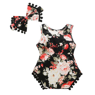 

Hot Summer Baby Girl Triangle Romper Baby Floral Romper Sleeveless Ball Jumpsuit Hair Band Infant Clothes