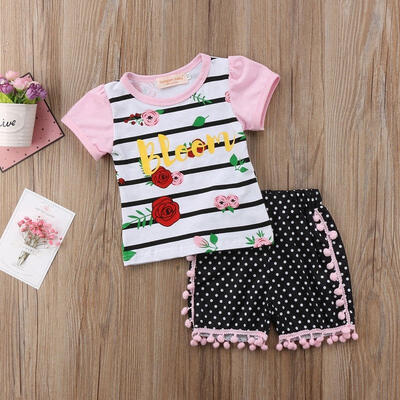 

New Kids Baby Girl Short Sleeve T-shirts TopsPolka Dot Trousers Outfit Set