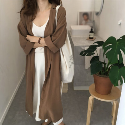 

Women Fashion Lapel Long Trench Coat Long-sleeve Loose Fit Solid Color Cardigan