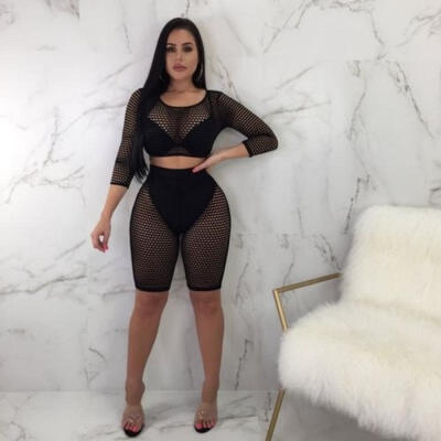 

Womens Ladies Long Sleeve See Through Gauze 2Pcs Crop Top Shorts Set Jumpsuit
