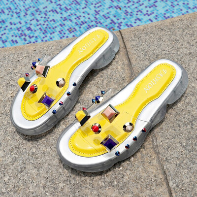 

Slippers wear ins overfire 2019 new summer rivets transparent thick soled jelly shoes trend beach cool drag