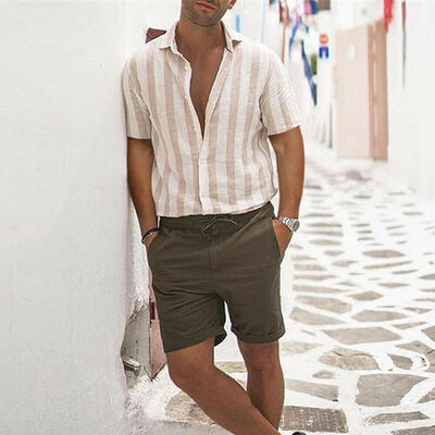 

Mens Summer Casual Striped Short Sleeve Button Down Shirts Tee Tops Blouses