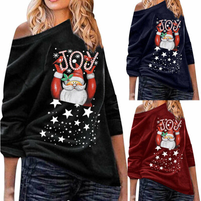 

Women Christmas Xmas One Shoulder Long Sleeve Blouse Tops Sweatshirt T-Shirts