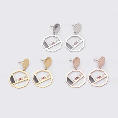 

304 Stainless Steel Dangle Stud Earrings with Enamel Octagon with Word Love Mixed Color 355mm Pendant 235x22x07mm Pin 0