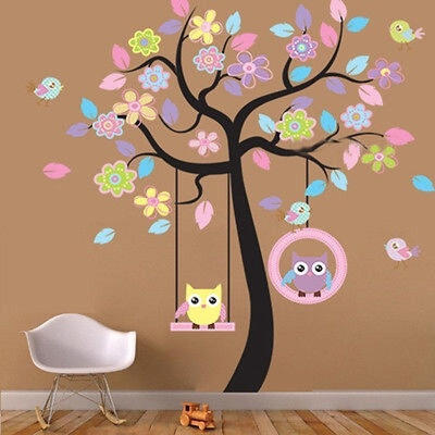 

Owls Bird Swing Flower Tree Wall Sticker Decor Art Mural Decal Kids Nursery SELL