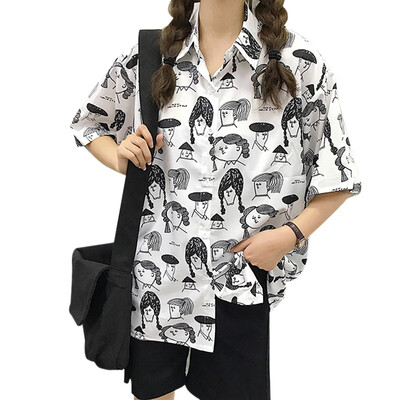 

Fashion Character Girl Printed Blouse Women Graffiti Blouses Streetwear Short Sleeve Turn Down Collar Loose Shirt Women Tops