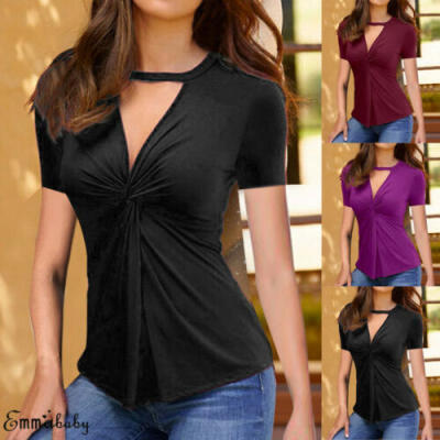 

Women V Neck Casual Short Sleeve Tops Ladies Scrunch Choker Slim T-Shirt Blouse