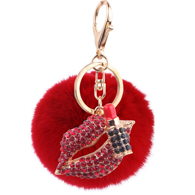 

8cm Rex Rabbit Fur Ball Red Lip Key Keychain New Plating Alloy Diamond Ball Bag Car Ornament