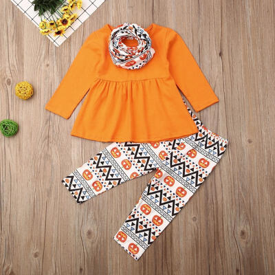 

Halloween Toddler Kids Girl Outfits 3 Pieces Set Orange Long Sleeve T Shirts Pumpkin Elf Print Leggings Pants Scarf Winter W