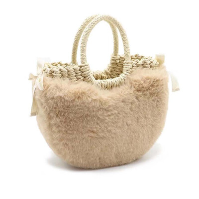 

Women Winter Plush Cover Straw Bags Fashion Bow Twist Round Handle Shoulder Bag Portable Rattan Hand-Woven Crossbody Bags