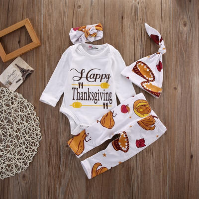 

Newborn Baby Girls Boys Long Sleeve Happy Tops Romper Pants Hat Outfits Set 4pcs
