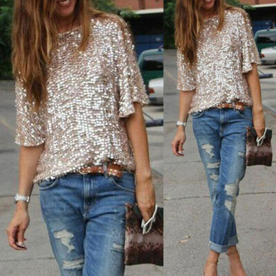

Ladies Sloping Shoulder Glistening Sequin Slim Shirt Tops Blouses Women T Shirts