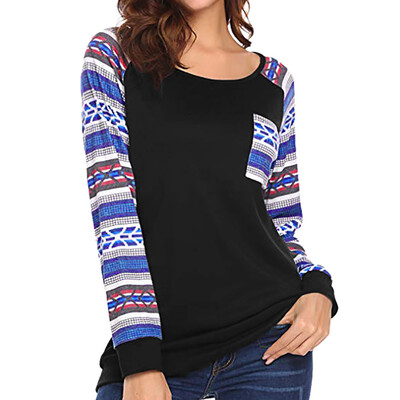 

Nomeni Women Fashion Long Sleeve Pocket Printed Patchwork Blouse Tops Clothes T Shirt