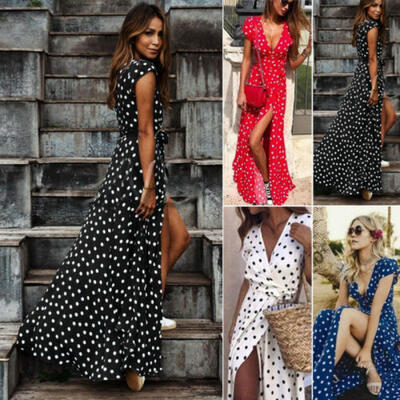 

Womens Holiday Polka Dots Slit Ladies Maxi Long Summer Print Beach Dress
