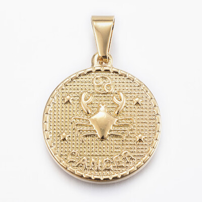 

304 Stainless Steel Pendants Flat Round with Twelve ConstellationZodiac Sign Cancer 29x25x32mm Hole 9x45mm