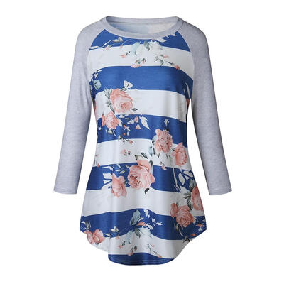 

Floral Print Stripe T-shirt Casual Long Sleeve Women Slim Fit Patchwork Top
