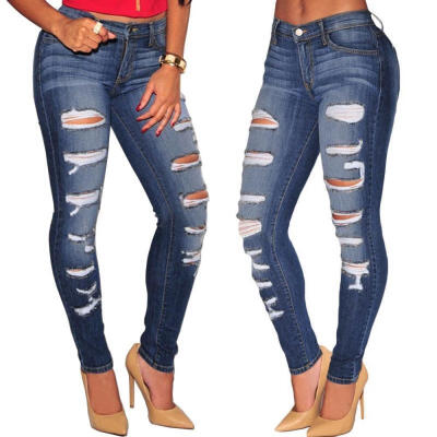 

Women&39s Denim Skinny Ripped Pants High Waist Stretch Jeans Slim Pencil Trousers