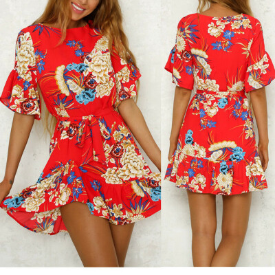 

Women Summer Boho Floral Print Short Mini Dress Evening Cocktail Party Beach Ruffle V Dress Sundress Holiday