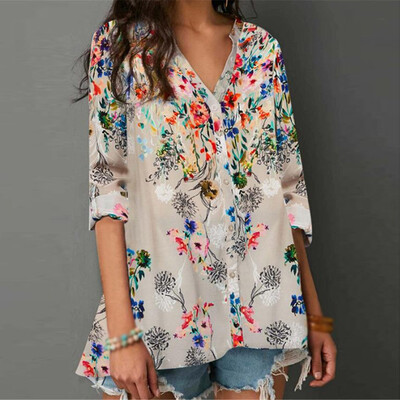 

Womens V Neck Long Sleeve Tops Floral Print Casual Shirt Summer Loose Blouse