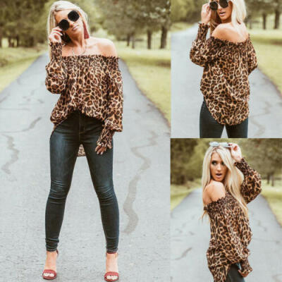 

Womens Ladies Leopard Long Sleeve Loose Blouse Off Shoulder Shirt Summer Tops