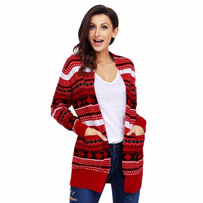 

Geometric pattern print long sleeve cardigan casual knit sweater