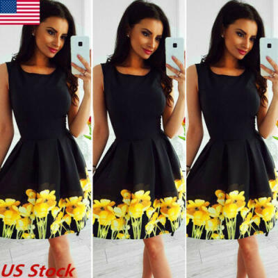 

2019 Womens Summer Casual Beach Strappy Dress Boho Floral Sundress Holiday Dress