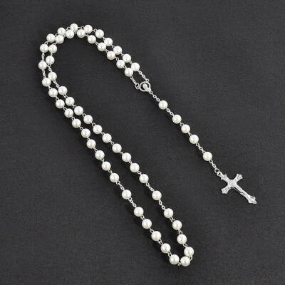 

Long Christian Necklace Imitation Pearl Cross Rosary