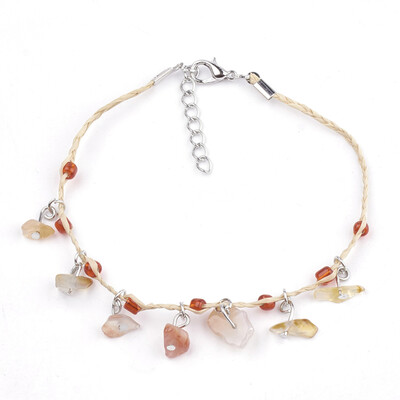 

Handmade Braided Raffia Anklets Lucky Raffia with Chip Carnelian & Silver Lined Seed Beads Iron Lobster Clasp&Extender Chai