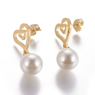 

304 Stainless Steel Dangle Stud Earrings with Plastic Imitation Pearl Heart Golden 285mm Pin 08mm