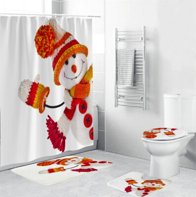 

〖Follure〗4Pcs Christmas shower Curtain Bathroom Anti-slip Carpet Rug Toilet Cover Mat Set