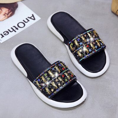 

Slippers women rhinestone fashion wear 2019 new ins net red out Korean version of Joker flat sandals beach shoes